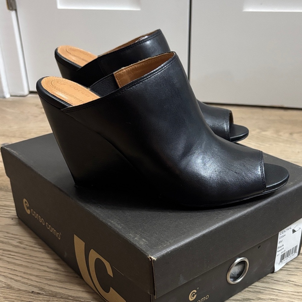 Corso Como Black Leather Wedge Mules
